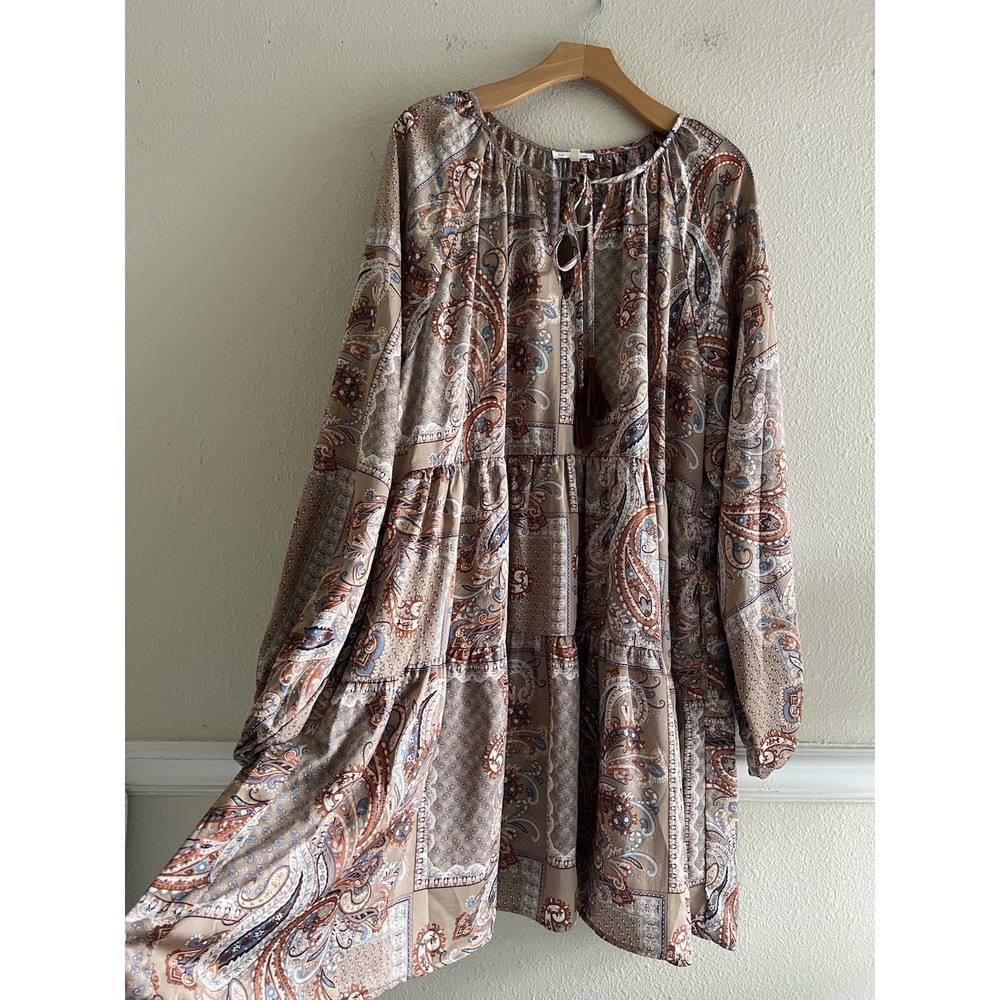 Chic Soul 2X Womens Paisley Print Tiered Dress Long Sleeve Tassel Tie Neck Boho